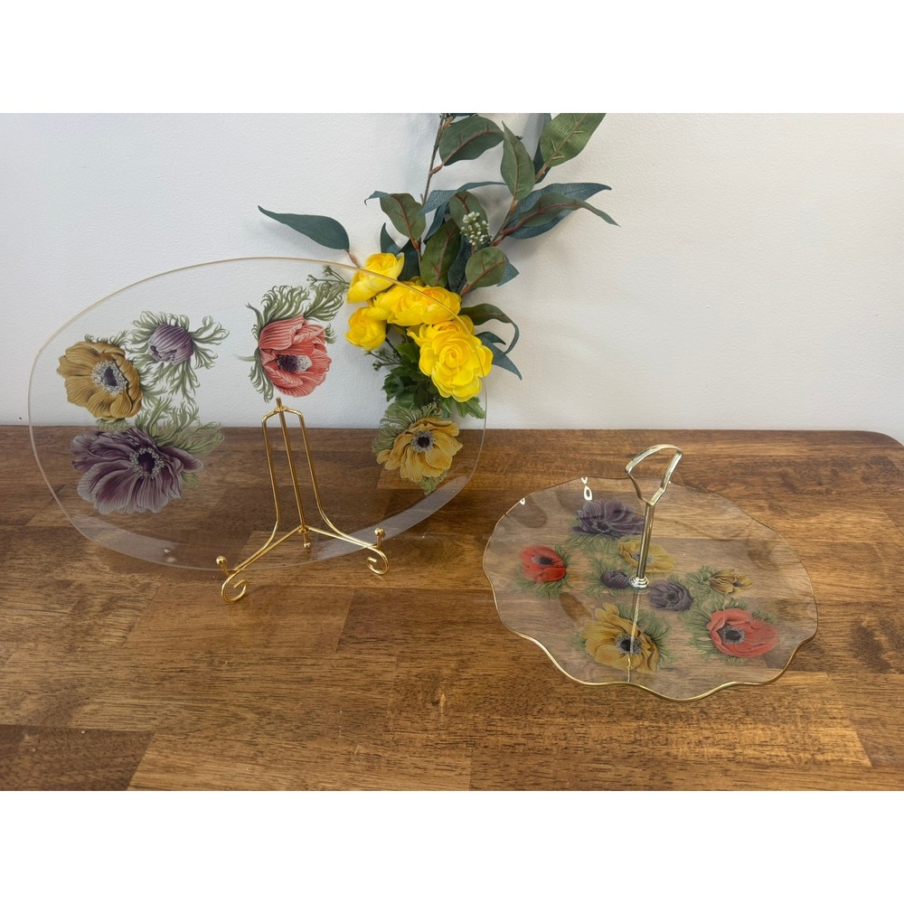 Vintage Chance Glass Anemone Floral Serving Platter Tray Set Mid Century